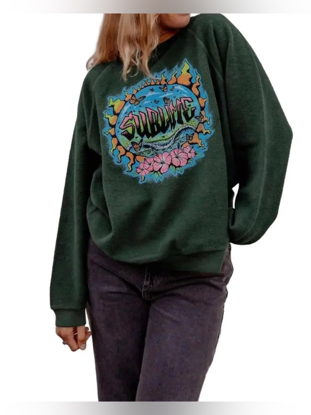 DAYDREAMER Women’s Sublime Graffiti Sun Reverse Raglan Crew In Vintage Green